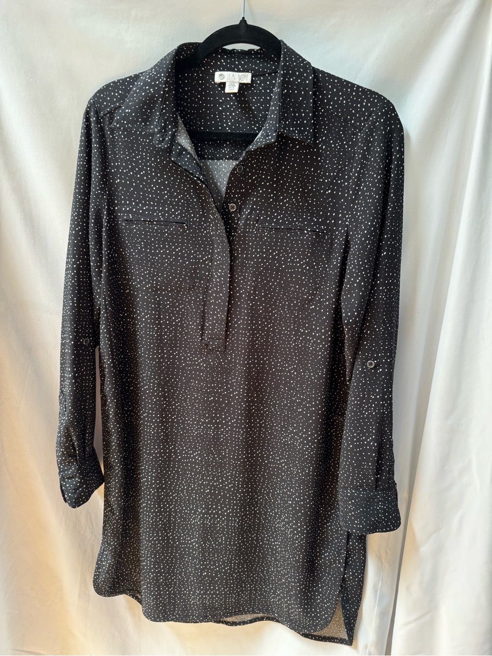 Lila Rose Black Micro Polka Dot Roll-Tab Sleeve Tunic Shirtdress‎ Size M